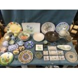 Miscellaneous handpainted ceramics including studio pottery, European terracotta, a Poole tablelamp,