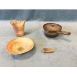 Four pieces of signed Japanese stoneware studio type pottery - a bowl, a pinched vase, a chopstick