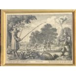 W Holler, eighteenth century woodcut print engraved by E Barlow, titled Angling, with fishermen