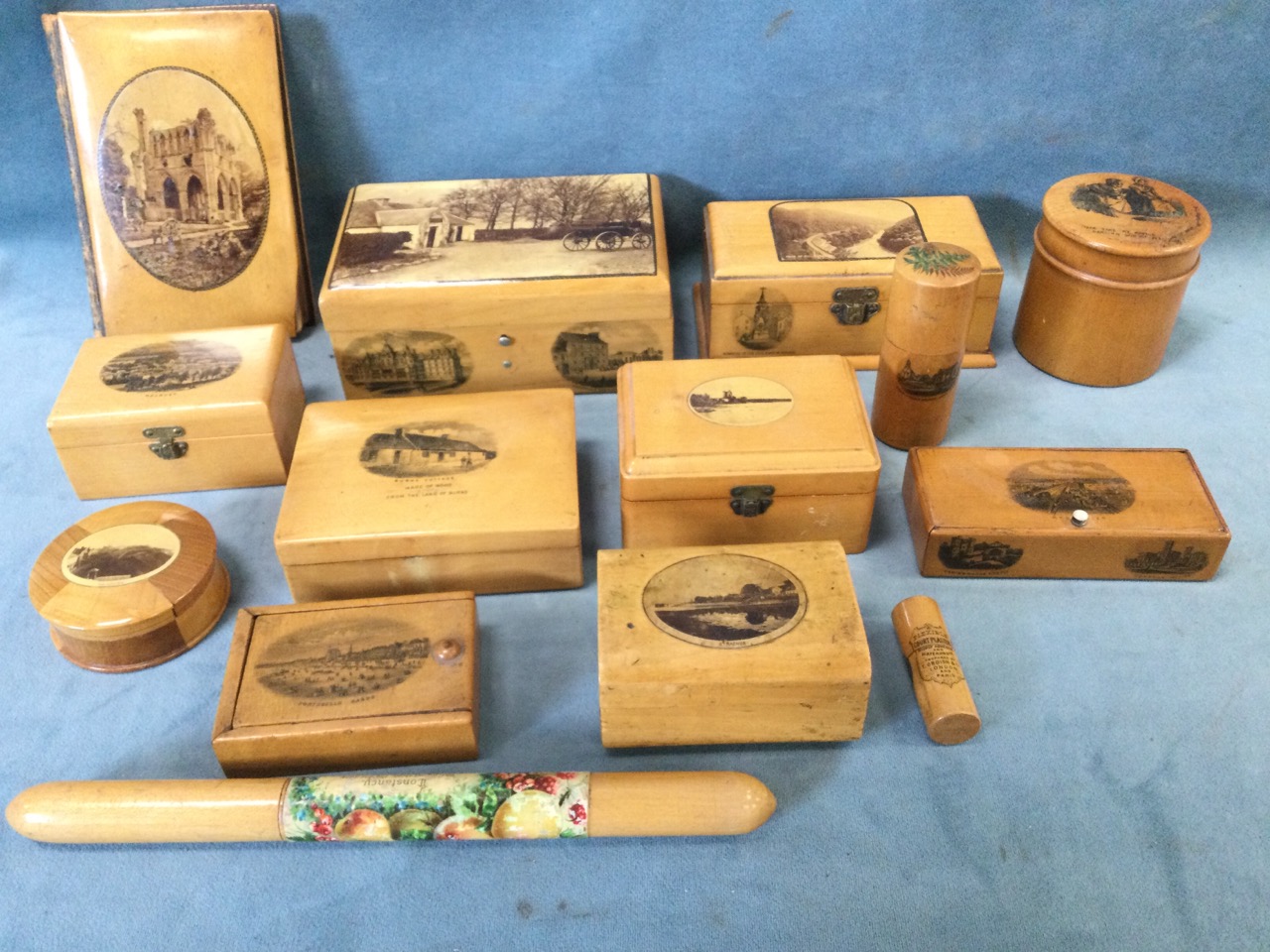 A Mauchline collection with boxes, pots, tubular containers, and Walter Scott book - Strachur,