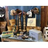 A miscellaneous lot including a large pair of gilt papier-mâché candlestands, four hobbyhorses, five