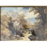 J Burrell Smith, pencil & watercolour, fisherman on rock by watermill in river landscape, signed and
