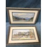 Late Victorian landscape watercolours, a pair, lake view with boating and distant village and castle