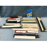 A collection of slide rules including Newnes slide rule manual, mostly cases or boxed, scales,