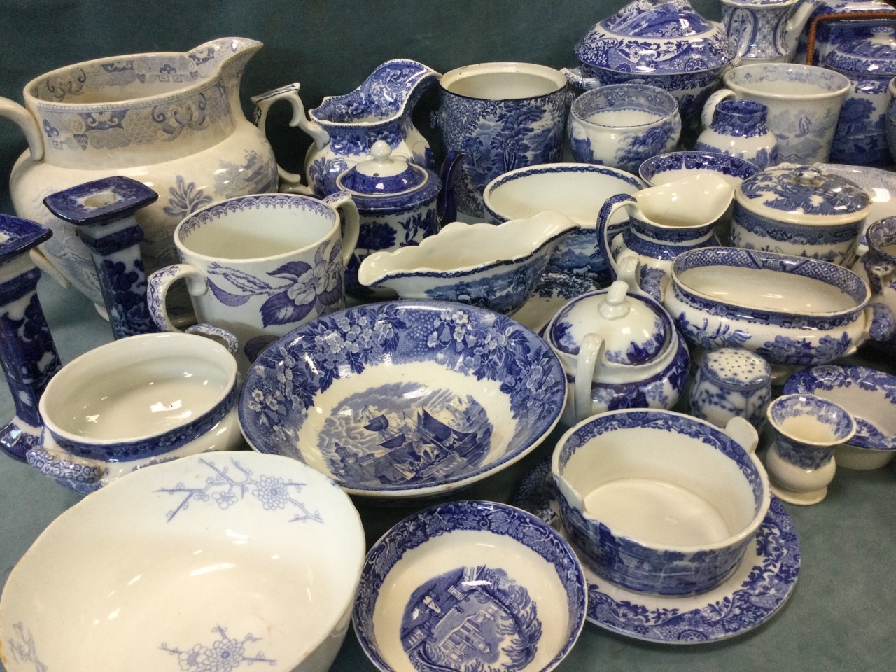 A large quantity of blue & white mostly C19th transfer printed ceramics - jugs, teapots, - Image 3 of 3