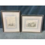 Late C19th pencil studies of boats ashore, a pair, unsigned, line and wash mounted & framed. (2)