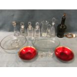 Miscellaneous glass including a decanter and stopper with hallmarked silver mounts, bowls, vases,