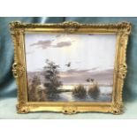 G Brouwer, oil on canvas, water sunset scene with ducks coming in to lake, signed and gilt