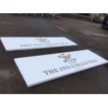 A pair of large rectangular painted metal signs. (112.25in x 36in) (2)