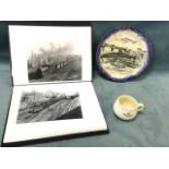 A folder of black & white photographs of steam railway interest - stations, trains, tugboats, etc; a