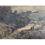 FR Lee, watercolour, river landscape with two fishermen on rocks looking downstream, signed and