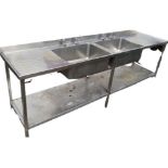 A large stainless steel sink unit with two large washing sinks to ribbed draining board panel with