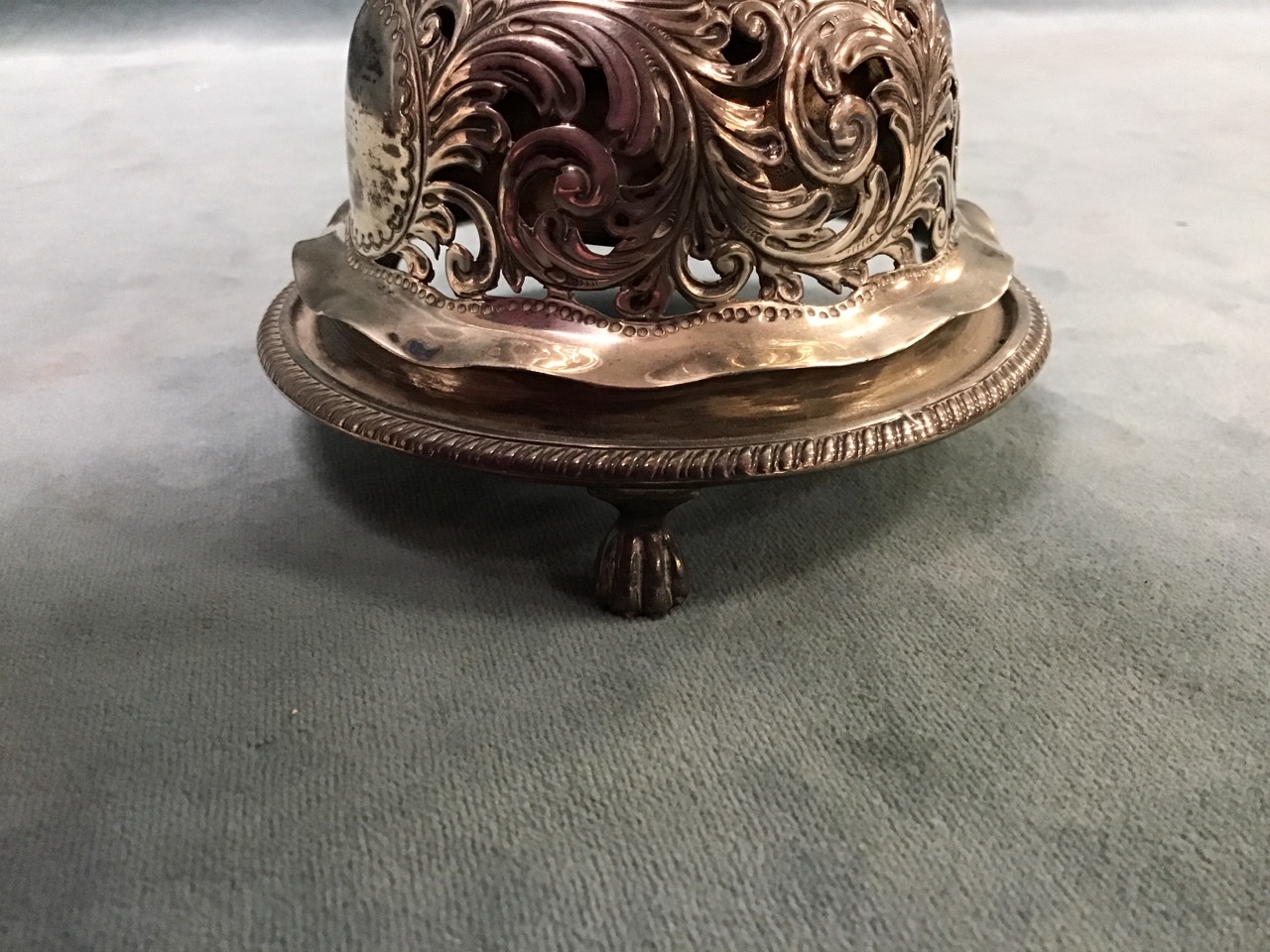 A Victorian pierced silver table bell, the domed cover on a circular gadrooned base raised on - Image 3 of 3