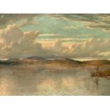 AC Stannus, oil on canvas, evening water landscape with angler landing a fish by creel with catch,