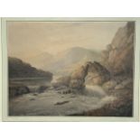Francis Danny, watercolour, river landscape with fisherman by waterfall, signed, laid down,