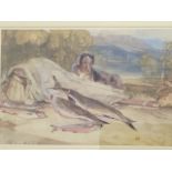 John Frederick Lewis, watercolour, deerhound on bank with tackle, pike, trout and char, labelled