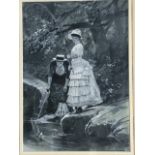 Richard Caton Woodville, monochrome gouache grey wash, ladies fishing by rockpool, signed, mounted &
