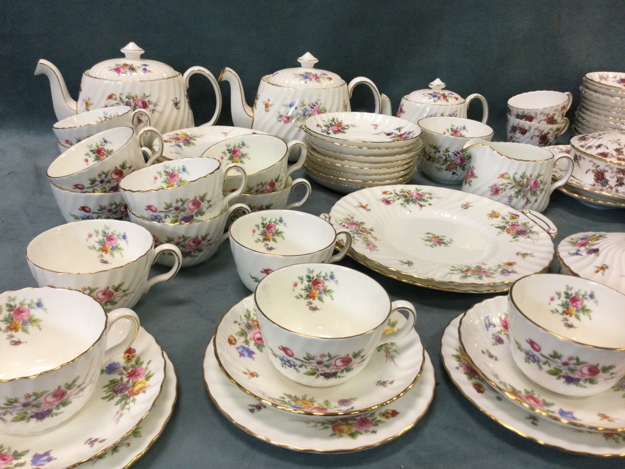 A Minton tea service, decorated in the Ancestral pattern, having two teapots, cups, saucers, milk - Image 3 of 3