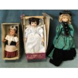 Three nineteenth century style porcelain dolls in Victorian, bridal and folk outfits. (3)