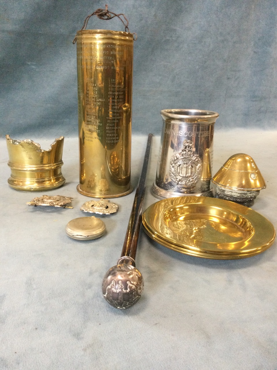 A collection of militaria - a 4.5 caliber shell casing; a shell casing engraved for Captain KM - Image 2 of 3