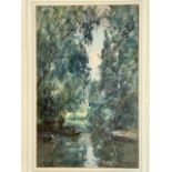 James Douglas RSW, watercolour, anglers in a punt in wooded river landscape, signed, mounted &