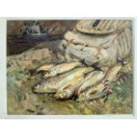 William Walls, watercolour, trout on riverbank next to creel, signed, label to verso titled A