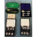 Four boxed sets of hallmarked silver spoons - a commemorative replica coronation silver-gilt spoon