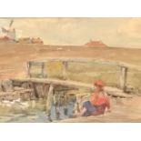 Claud Hayes, watercolour, landscape with windmill, figure by bridge and ducks, signed, mounted &
