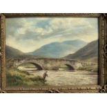 William E Barrington-Browne, oil on board, fisherman landing fish below bridge in highland