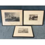 A French rural print with pigs in landscape titled to verso Paysage Troupeau de Porcs, framed;
