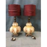 A large pair of 1960s pearlised glass and gilt metal tablelamps with printed floral decoration,