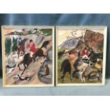 Larch Cullen, oil on boards, a pair, 60s naive hunting studies, with mounted horsemen and hounds,