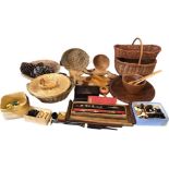 Miscellaneous treen including a bagpipe chanter, shoe trees, bowls, a rosewood cigarette box,