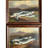 JB Russell, oil on board, a pair, salmon and seatrout on bank in landscape, signed and