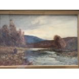 Nineteenth century English school, oil on canvas, river landscape with fisherman walking on