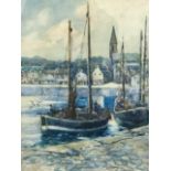 AR Watson, watercolour, harbour scene with boats by quayside, signed, mounted & framed. (9.25in x