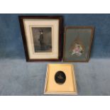 An eastern leaf painting with two figures, laid down & framed; a late Victorian framed photograph of