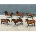 Six Beswick bay coloured horses - three trotting horses with right forelimb raised, and three