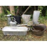 Miscellaneous galvanised metal items - a watering can, a feeder, a bucket with swing handle, a