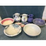 A blue & white jug & basin set with rectangular soap dish & cover decorated in the Japanese hawthorn