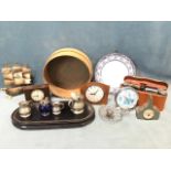 Miscellaneous items - a Victorian stained wood glass dome stand, miniature pewter tankards, a horn