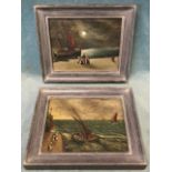 C19th oil on canvas, a pair, seascape with sailing boats in choppy seas and figures on quayside, and