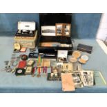 A tin box with key containing miscellaneous ephemera, certificates, medals, photographs & postcards,