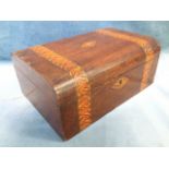 A Victorian domed top box decorated with tonbridge type inlaid geometric banding and escutcheons,