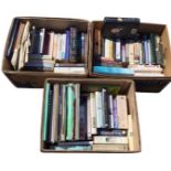 Three boxes of books - modern fiction, art, classical sheet music, comedy, history, etc. (106)