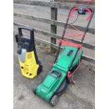 A Karcher electric pressure washer - model K4.91; and a Qualcast electric garden mower with cable,