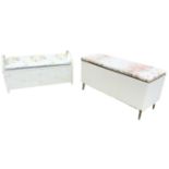 A painted Lloyd Loom style ottoman bench with hinged cushion seat framed by arched handles; and