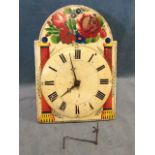 A nineteenth century postmans alarm type clock with floral painted wood face framed by pillars,