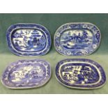 Three Victorian ceramic meat platters, with transfer printed blue & white willow pattern decoration;