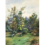 CM Alston, watercolour, wooded landscape, signed, mounted and in scrolled gesso frame. (9.5in x 13.